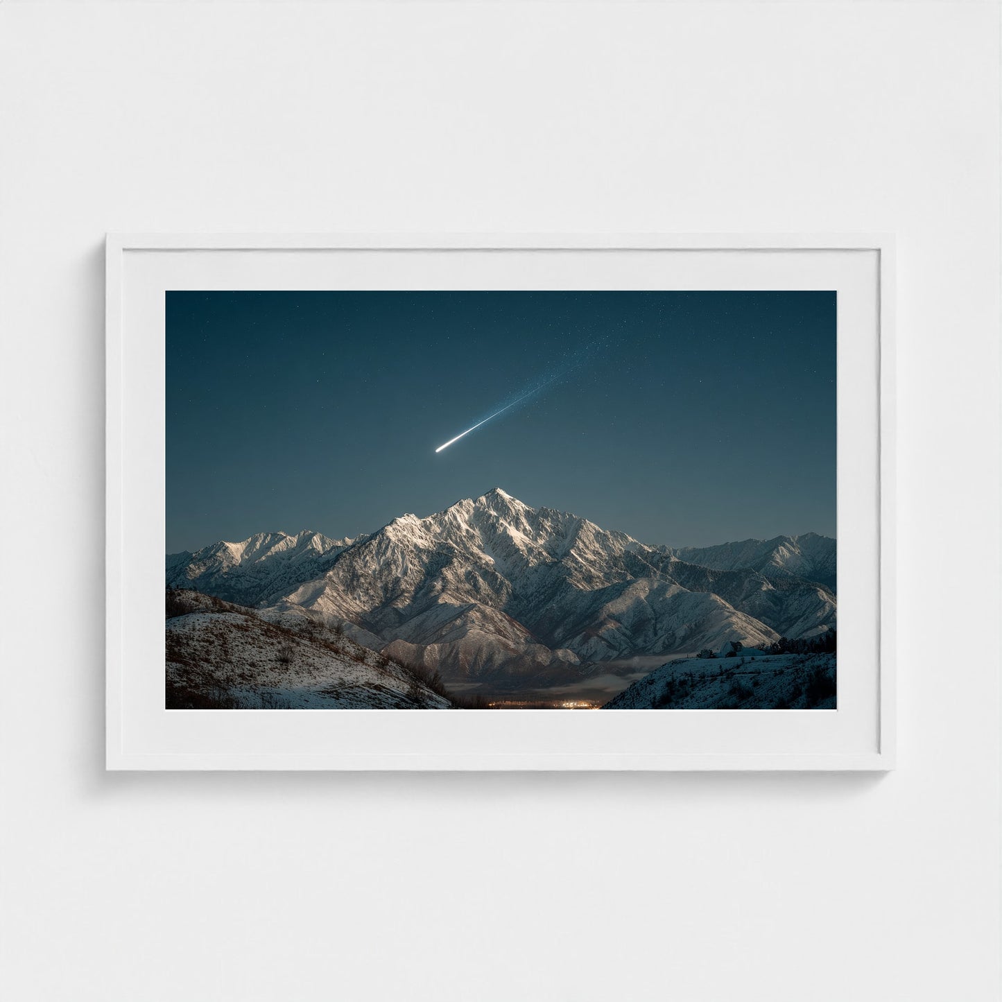 comet-streaking-across-night-sky-above-snowy-pea 36x24-white frame frame