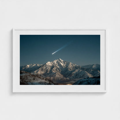 comet-streaking-across-night-sky-above-snowy-pea 36x24-white frame frame