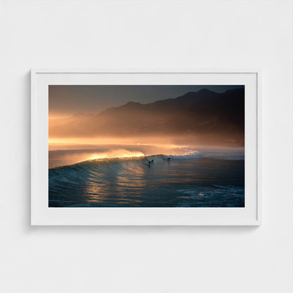 sunrise-over-quiet-surf-lineup-mist-over-water-b 36x24-white frame frame