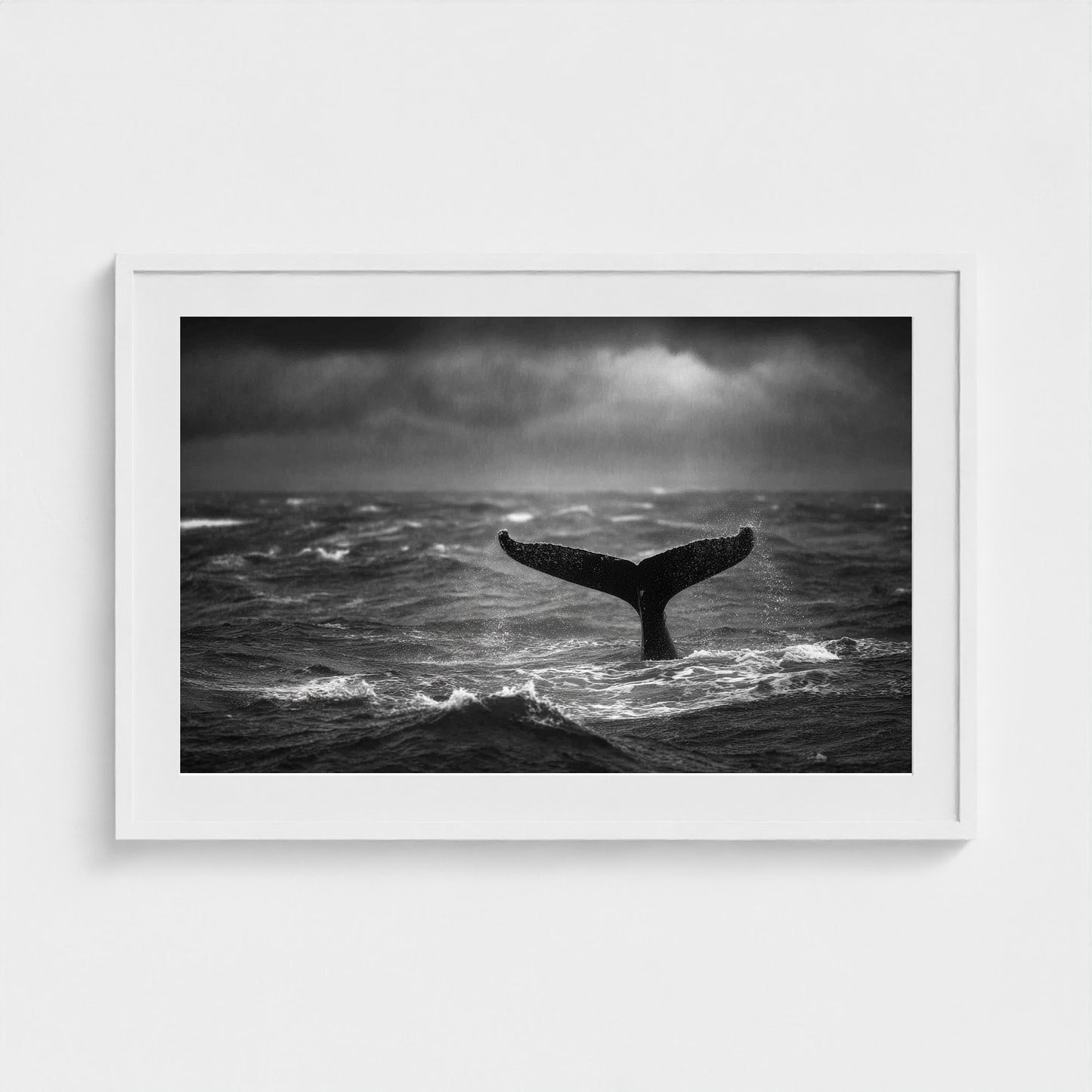 tail-fluke-against-stormy-sea-rain-sheets-and-wh 36x24-white frame frame