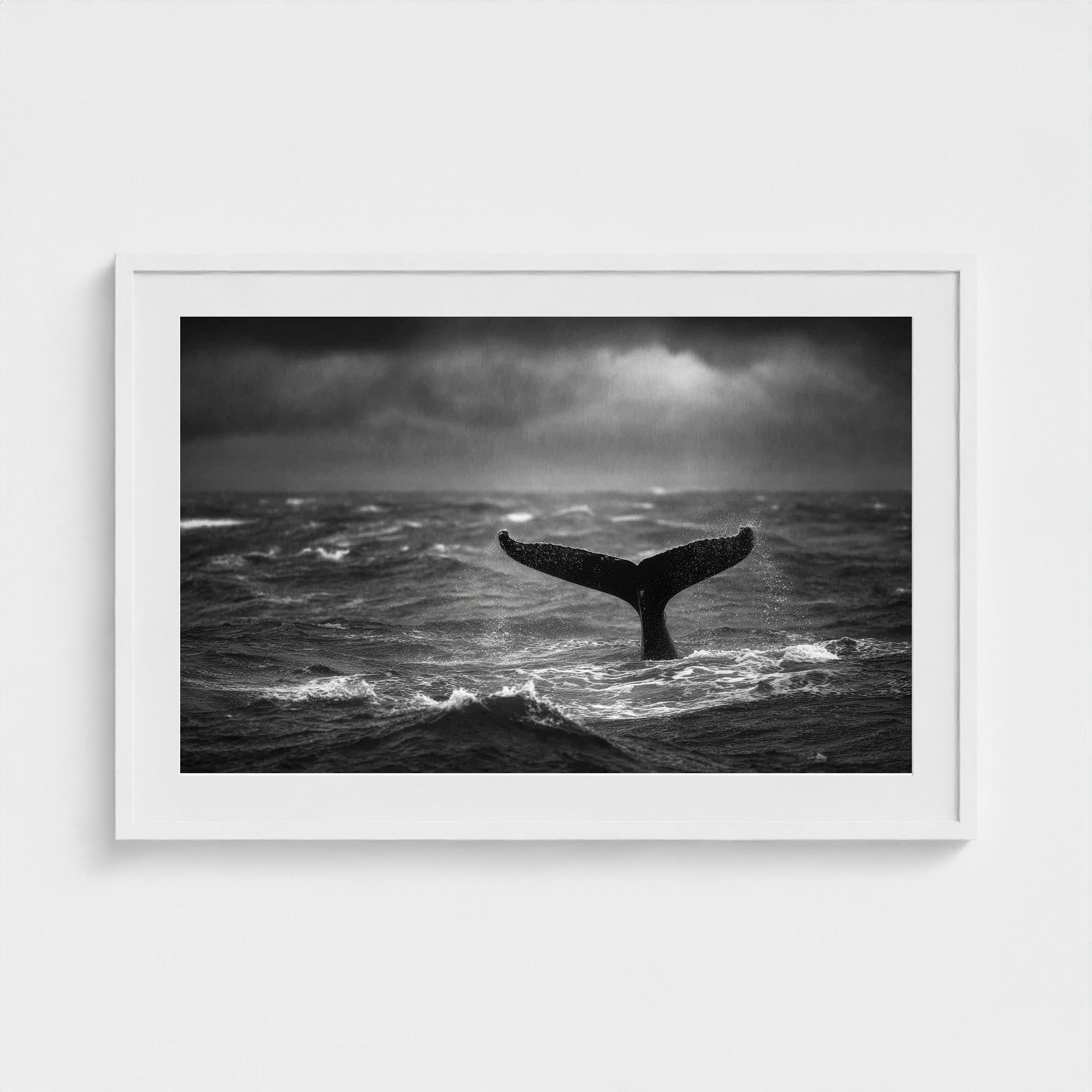 tail-fluke-against-stormy-sea-rain-sheets-and-wh 36x24-white frame frame