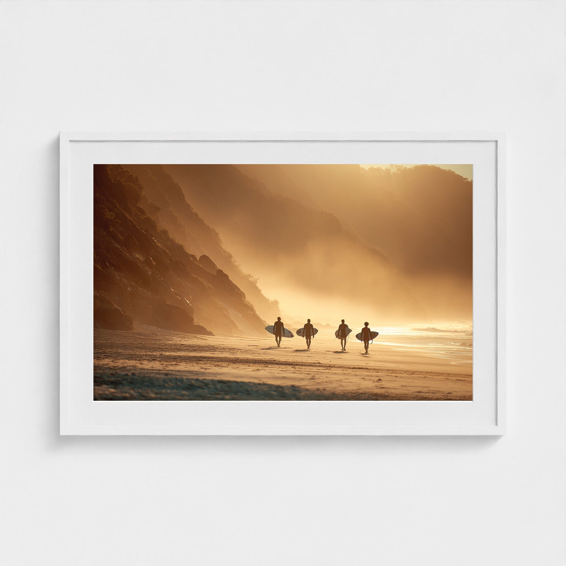 group-of-surfers-walking-across-beach-with-board 36x24-white frame frame