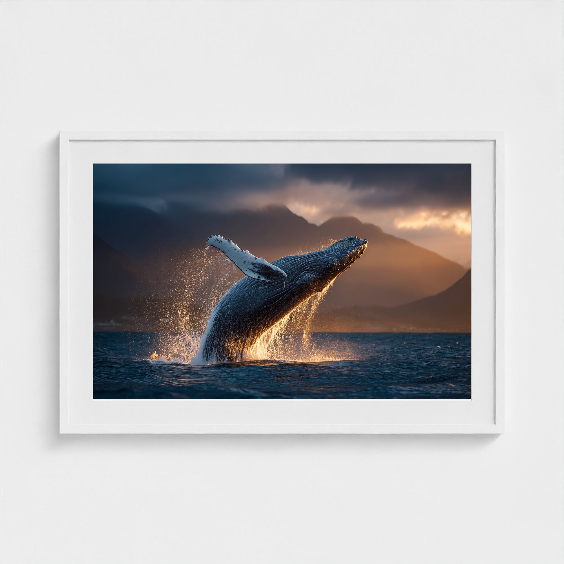 humpback-whale-breaching-at-golden-hour-backlit 36x24-white frame frame