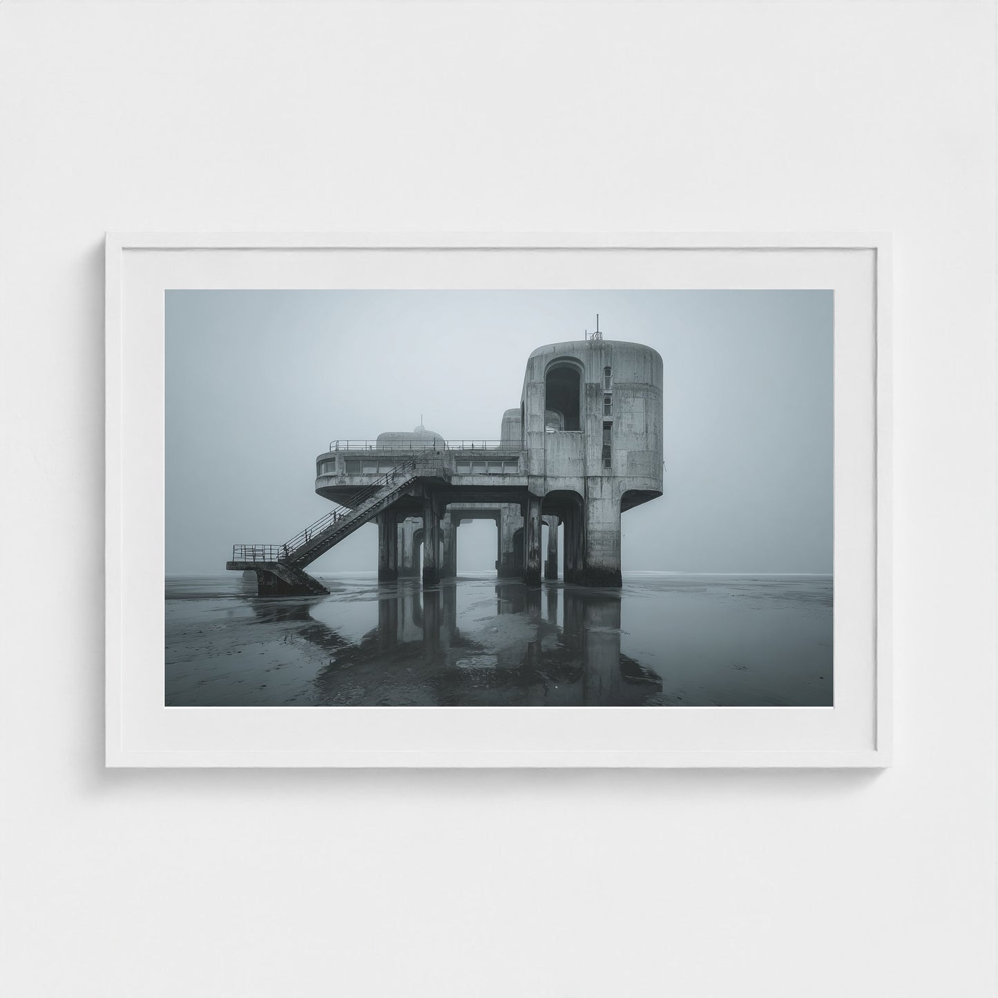 brutalist-seaside-pier-at-dawn-glassy-tide-mirro 36x24-white frame frame