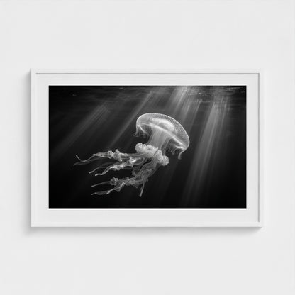 ethereal-bioluminescent-jellyfish-floating-in-de 36x24-white frame frame