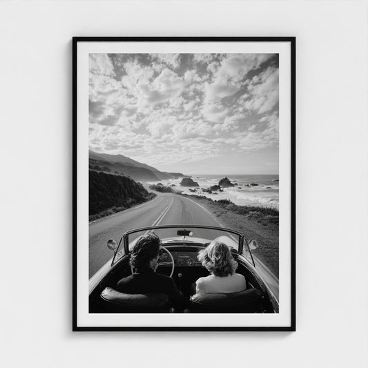 candid-couple-driving-vintage-convertible-along 36x48-black frame frame