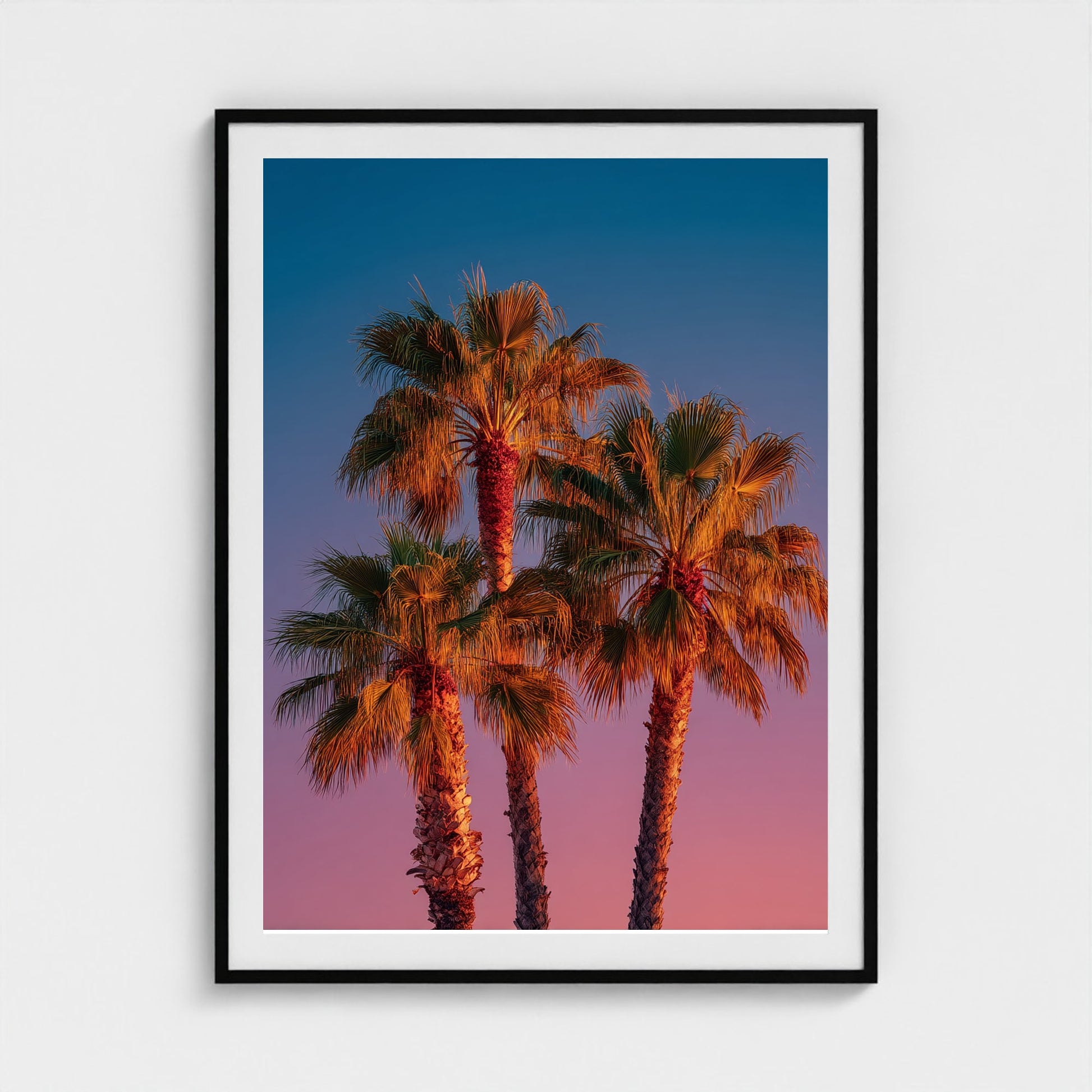 palm-trees-against-sunset-gradient-sky-minimal-f 36x48-black frame frame