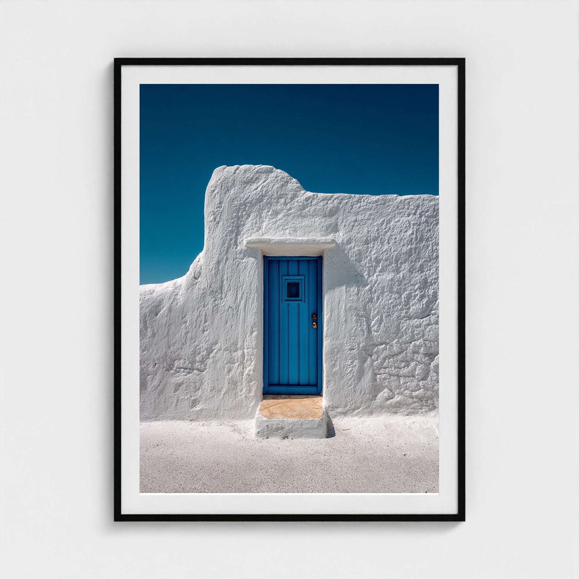 single-cycladic-blue-door-set-in-smooth-white-pl 36x48-black frame frame