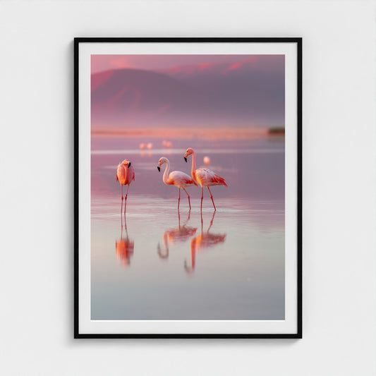 flamingos-in-shallow-pastel-water-soft-reflectio 36x48-black frame frame