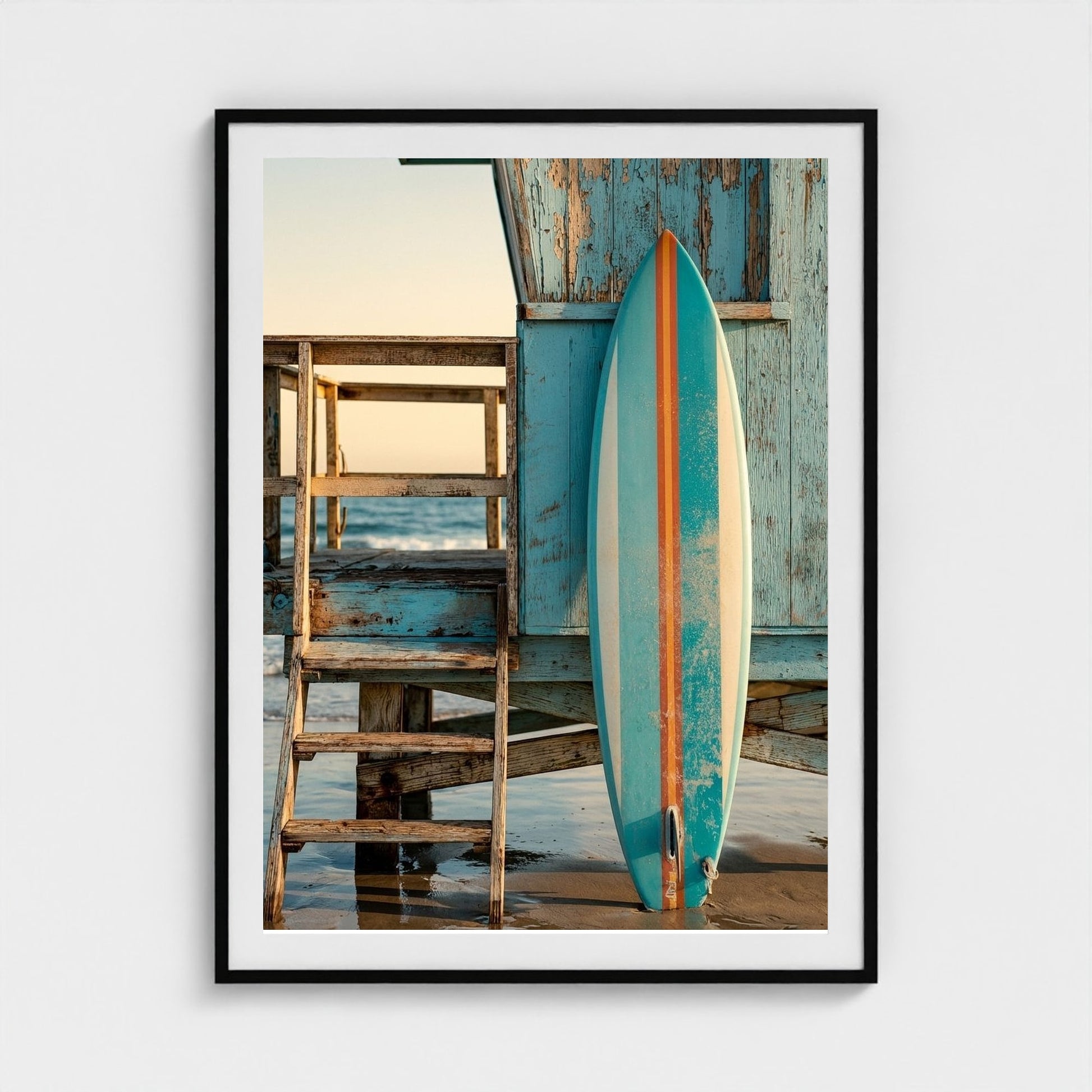 aqua-blue-surfboard-with-1960s-stripes-leaning-o 36x48-black frame frame
