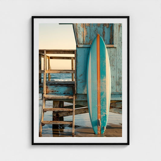 aqua-blue-surfboard-with-1960s-stripes-leaning-o 36x48-black frame frame