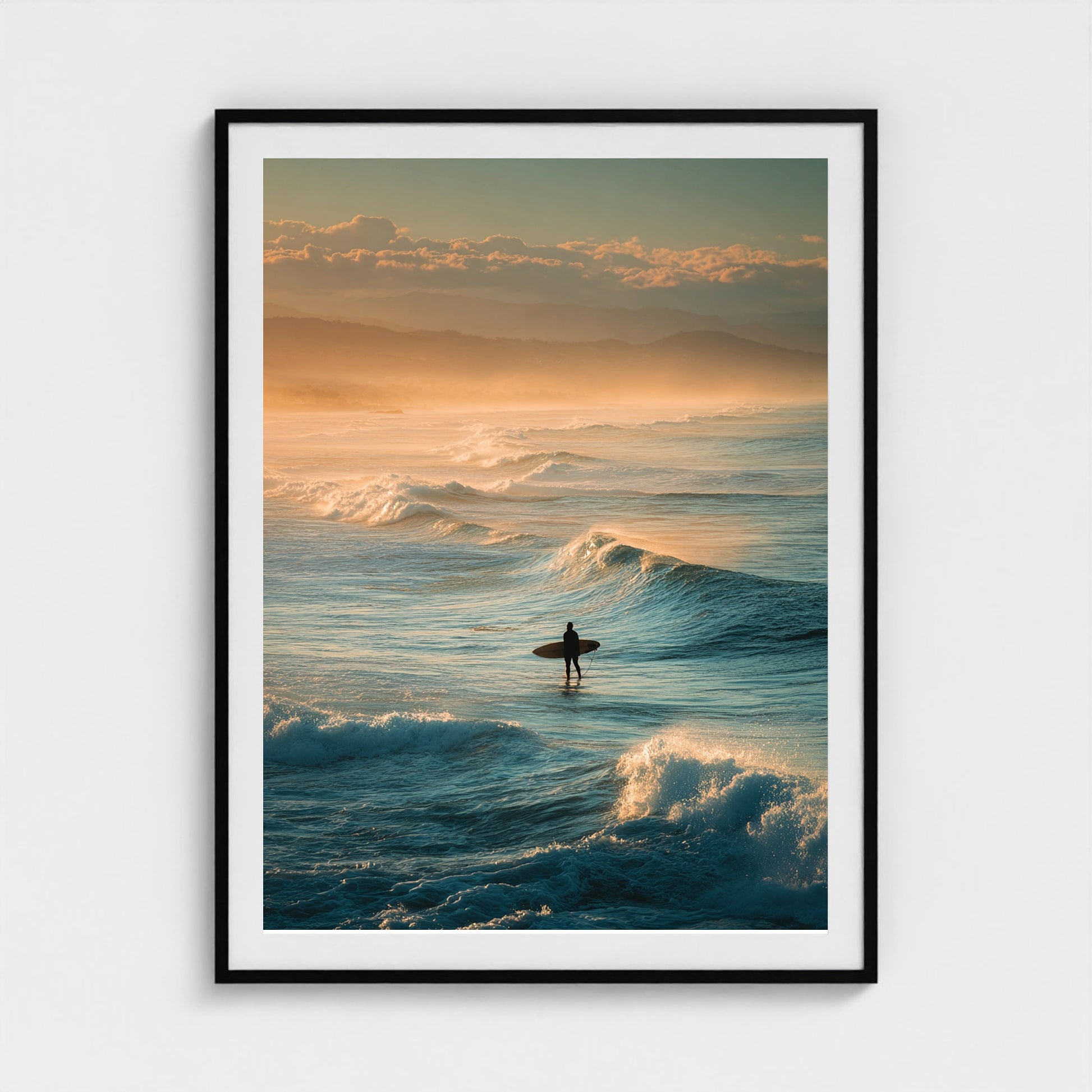 lone-surfer-silhouette-waiting-for-a-wave-golden 36x48-black frame frame