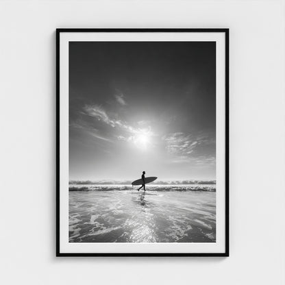 black-and-white-gallery-print-of-surfer-carrying 36x48-black frame frame