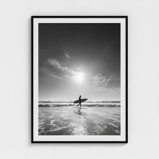 black-and-white-gallery-print-of-surfer-carrying 36x48-black frame frame