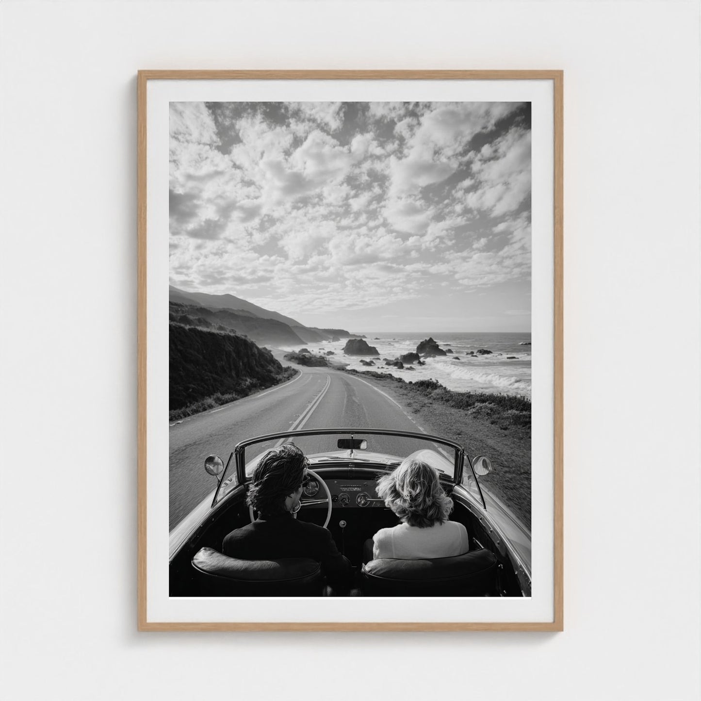 candid-couple-driving-vintage-convertible-along 36x48-natural frame frame