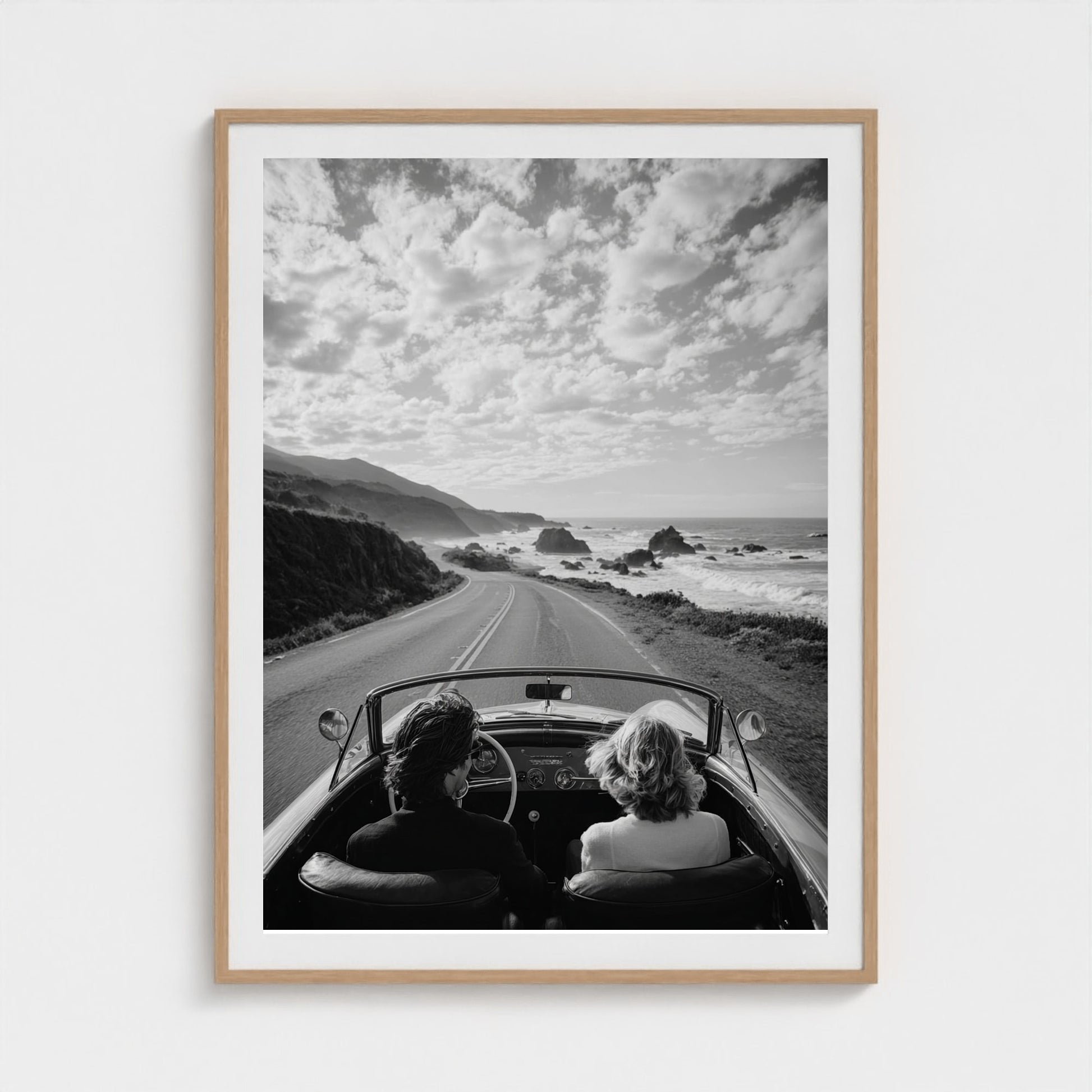 candid-couple-driving-vintage-convertible-along 36x48-natural frame frame