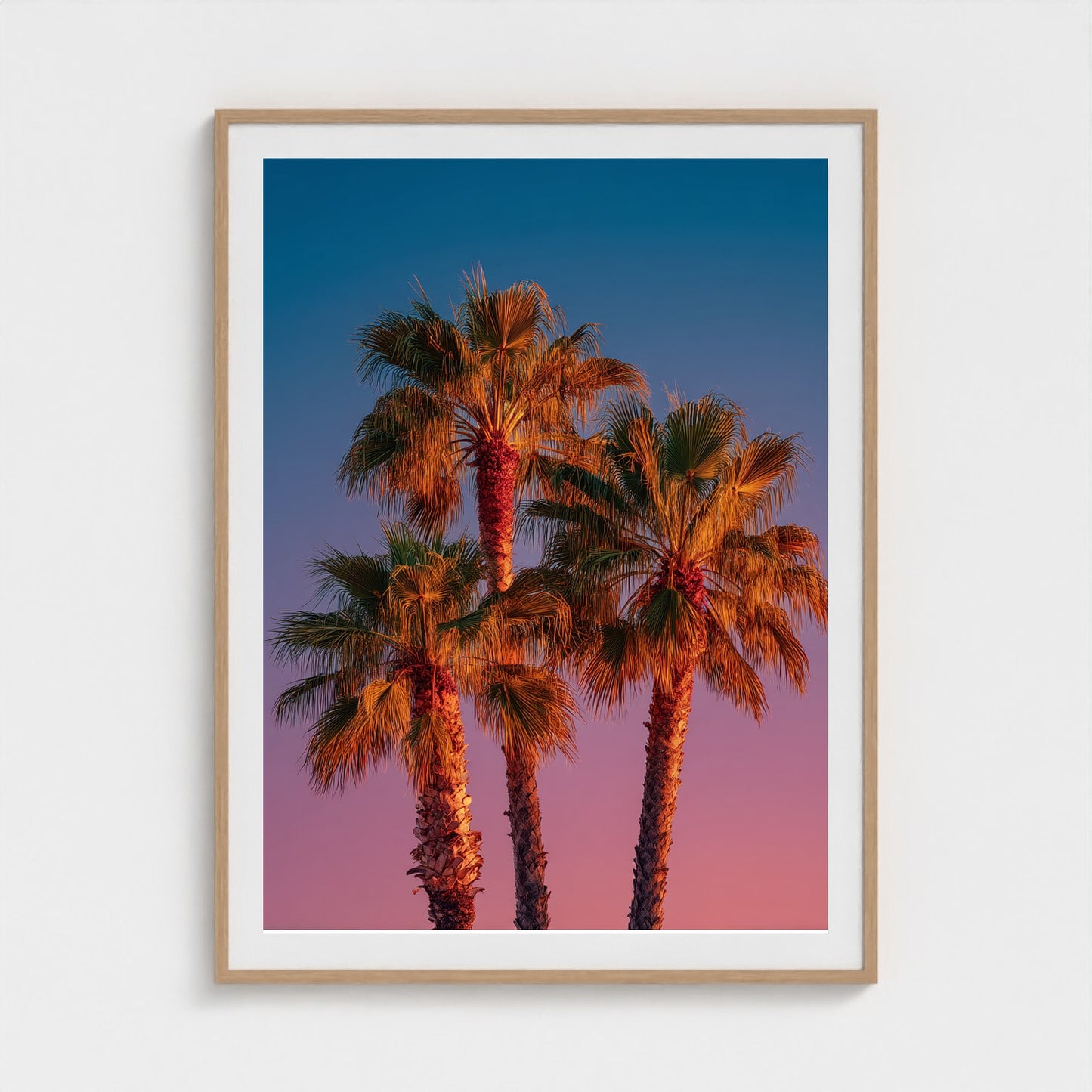 palm-trees-against-sunset-gradient-sky-minimal-f 36x48-natural frame frame