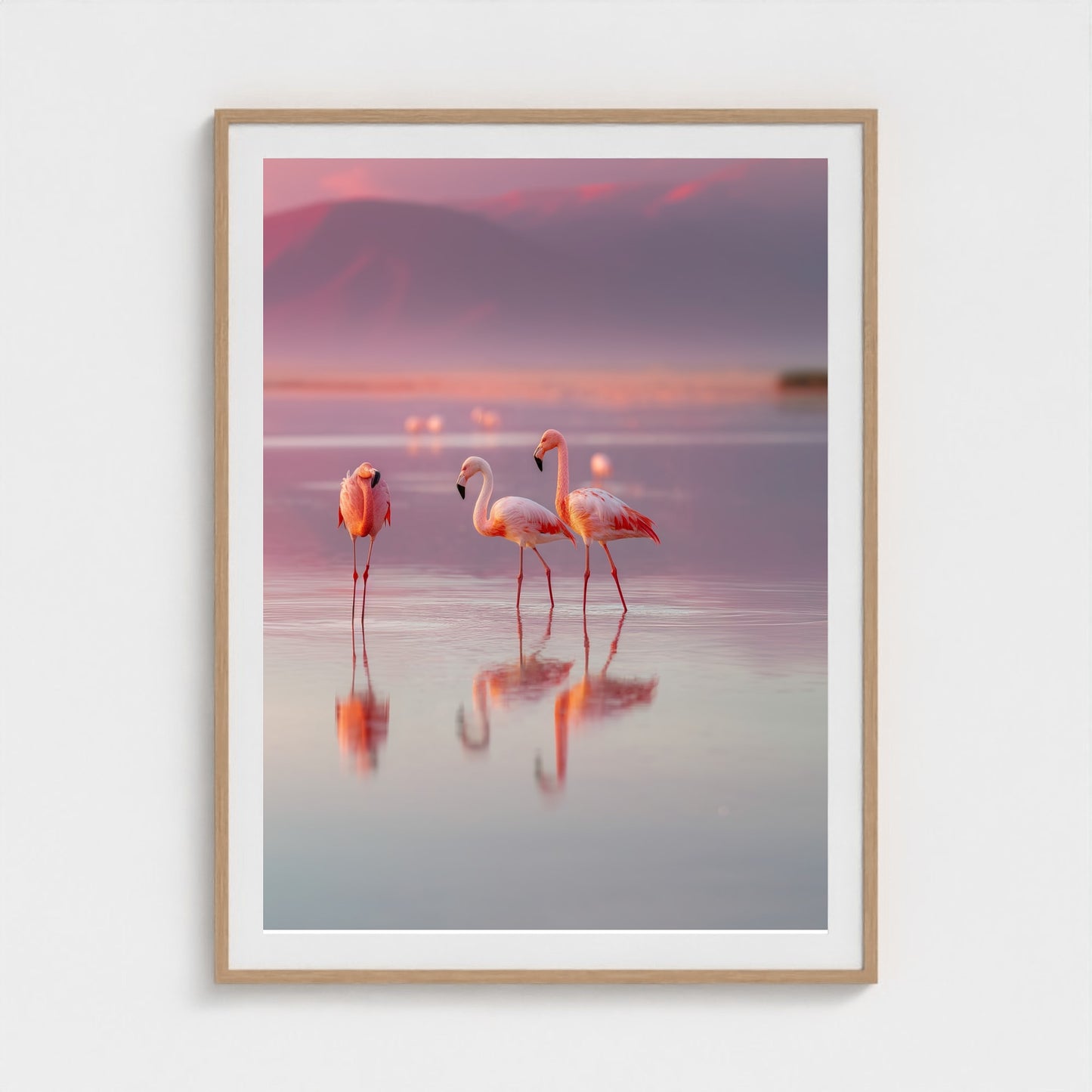 flamingos-in-shallow-pastel-water-soft-reflectio 36x48-natural frame frame