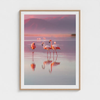 flamingos-in-shallow-pastel-water-soft-reflectio 36x48-natural frame frame