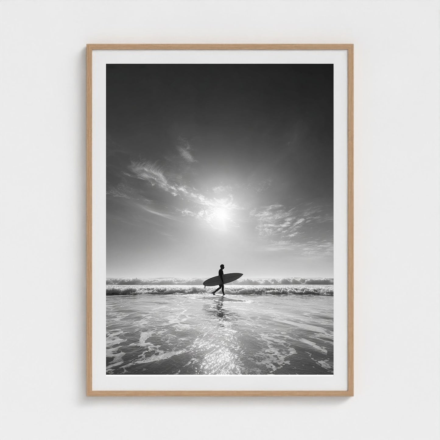 black-and-white-gallery-print-of-surfer-carrying 36x48-natural frame frame