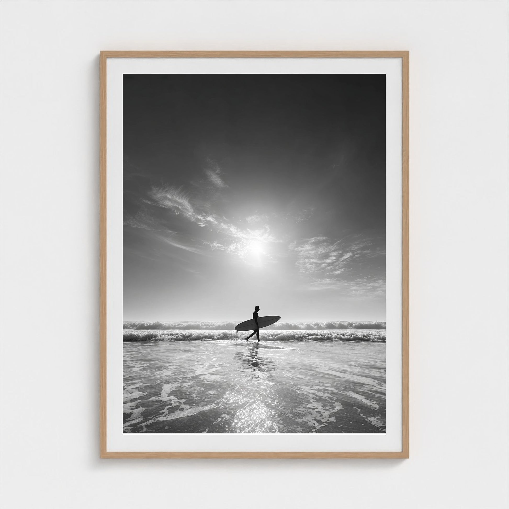 black-and-white-gallery-print-of-surfer-carrying 36x48-natural frame frame