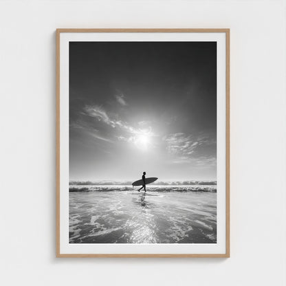 black-and-white-gallery-print-of-surfer-carrying 36x48-natural frame frame
