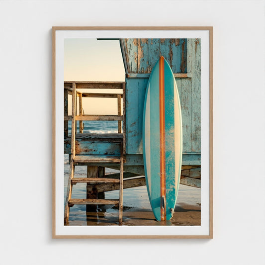 aqua-blue-surfboard-with-1960s-stripes-leaning-o 36x48-natural frame frame