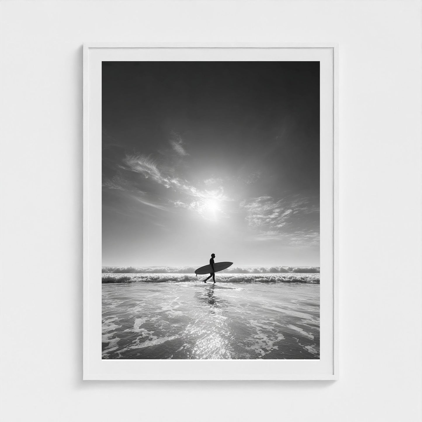 black-and-white-gallery-print-of-surfer-carrying 36x48-white frame frame