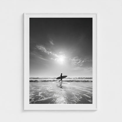 black-and-white-gallery-print-of-surfer-carrying 36x48-white frame frame