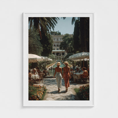 sunlit-italian-villa-garden-fashionable-women-in 36x48-white frame frame
