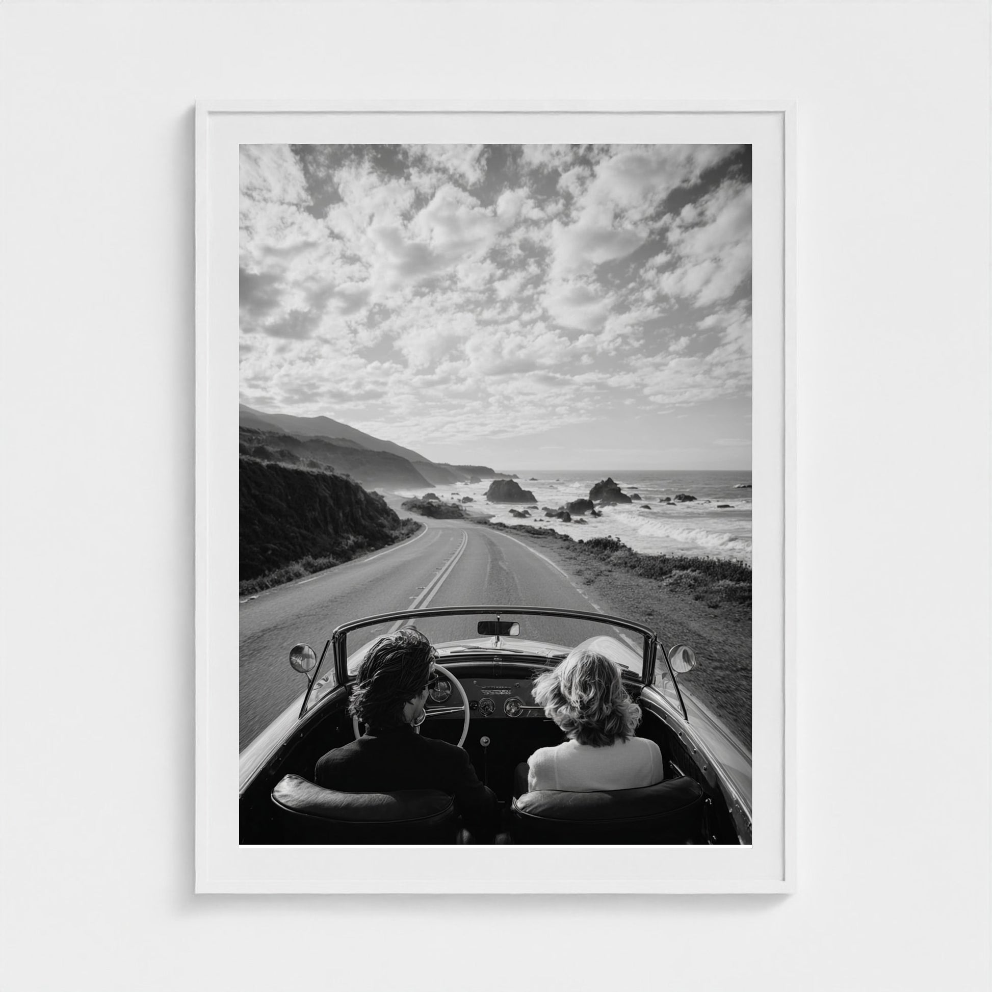 candid-couple-driving-vintage-convertible-along 36x48-white frame frame