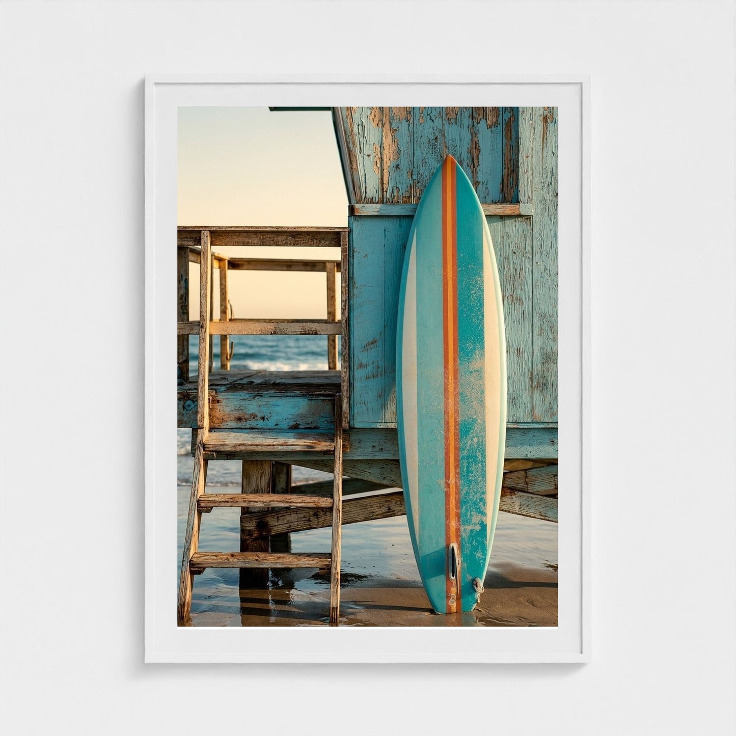 aqua-blue-surfboard-with-1960s-stripes-leaning-o 36x48-white frame frame