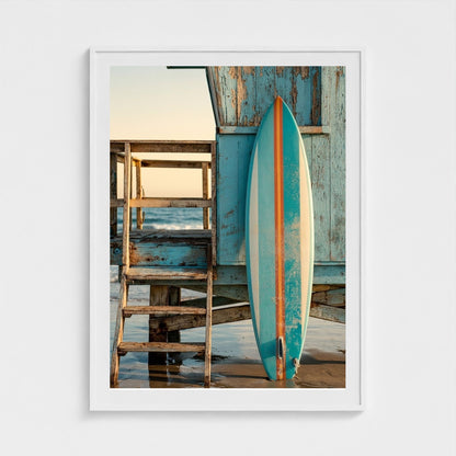 aqua-blue-surfboard-with-1960s-stripes-leaning-o 36x48-white frame frame