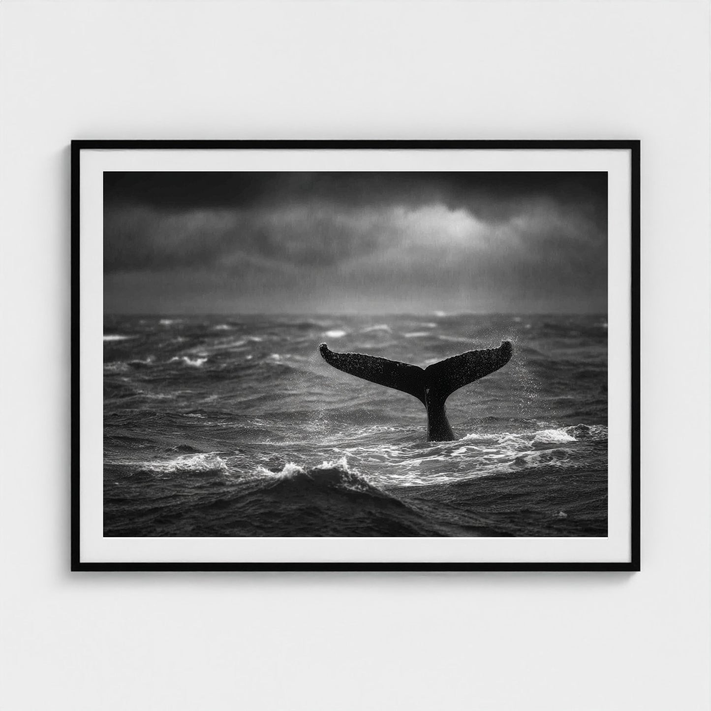 tail-fluke-against-stormy-sea-rain-sheets-and-wh 48x36-black frame frame
