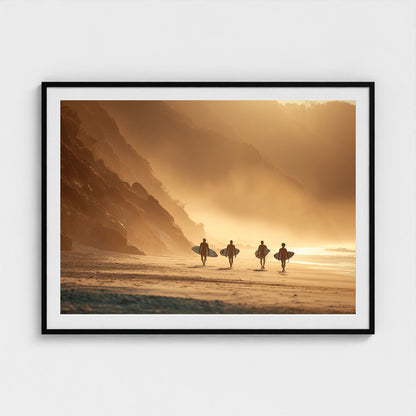 group-of-surfers-walking-across-beach-with-board 48x36-black frame frame