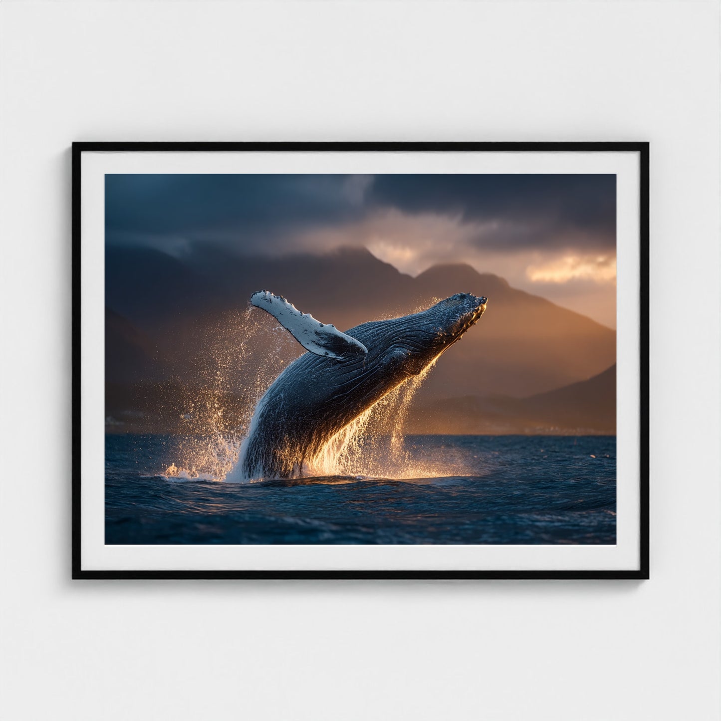 humpback-whale-breaching-at-golden-hour-backlit 48x36-black frame frame