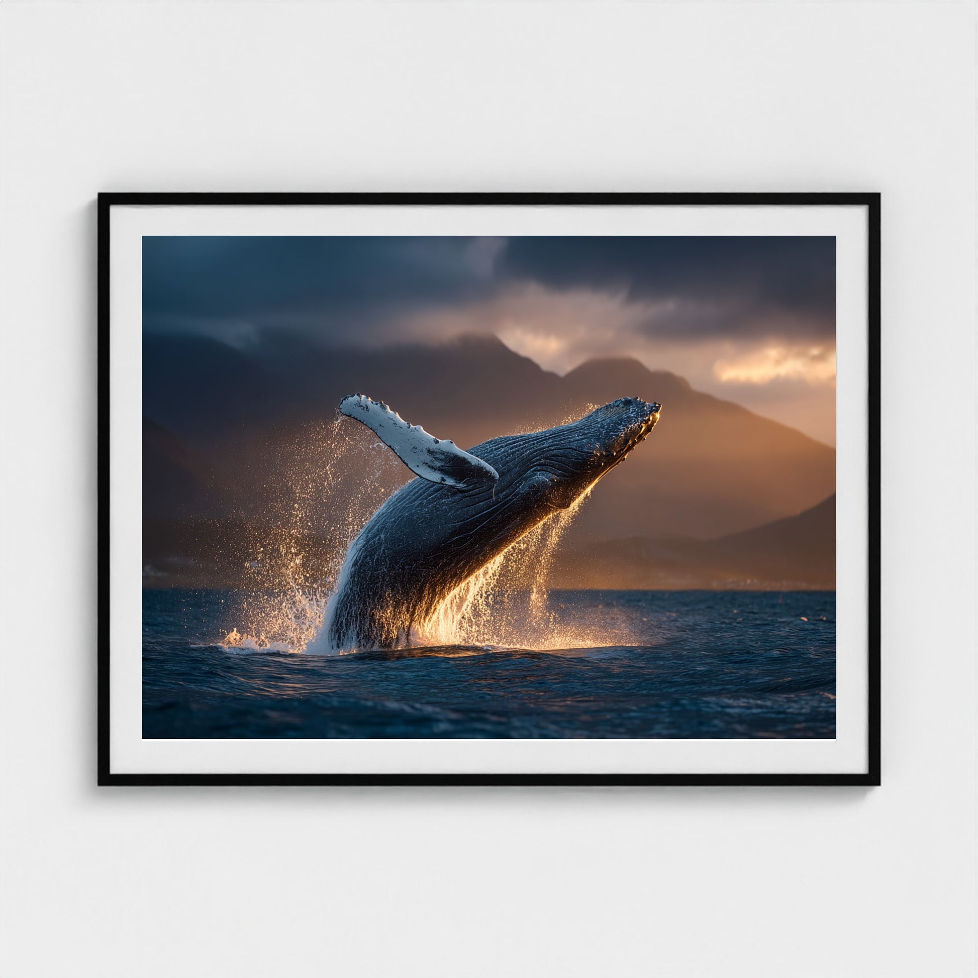 humpback-whale-breaching-at-golden-hour-backlit 48x36-black frame frame