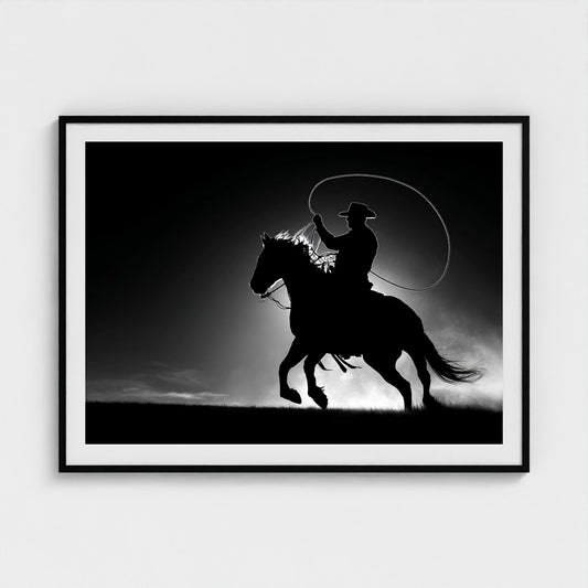 black-and-white-minimalist-realistic-cowboy-lass 48x36-black frame frame