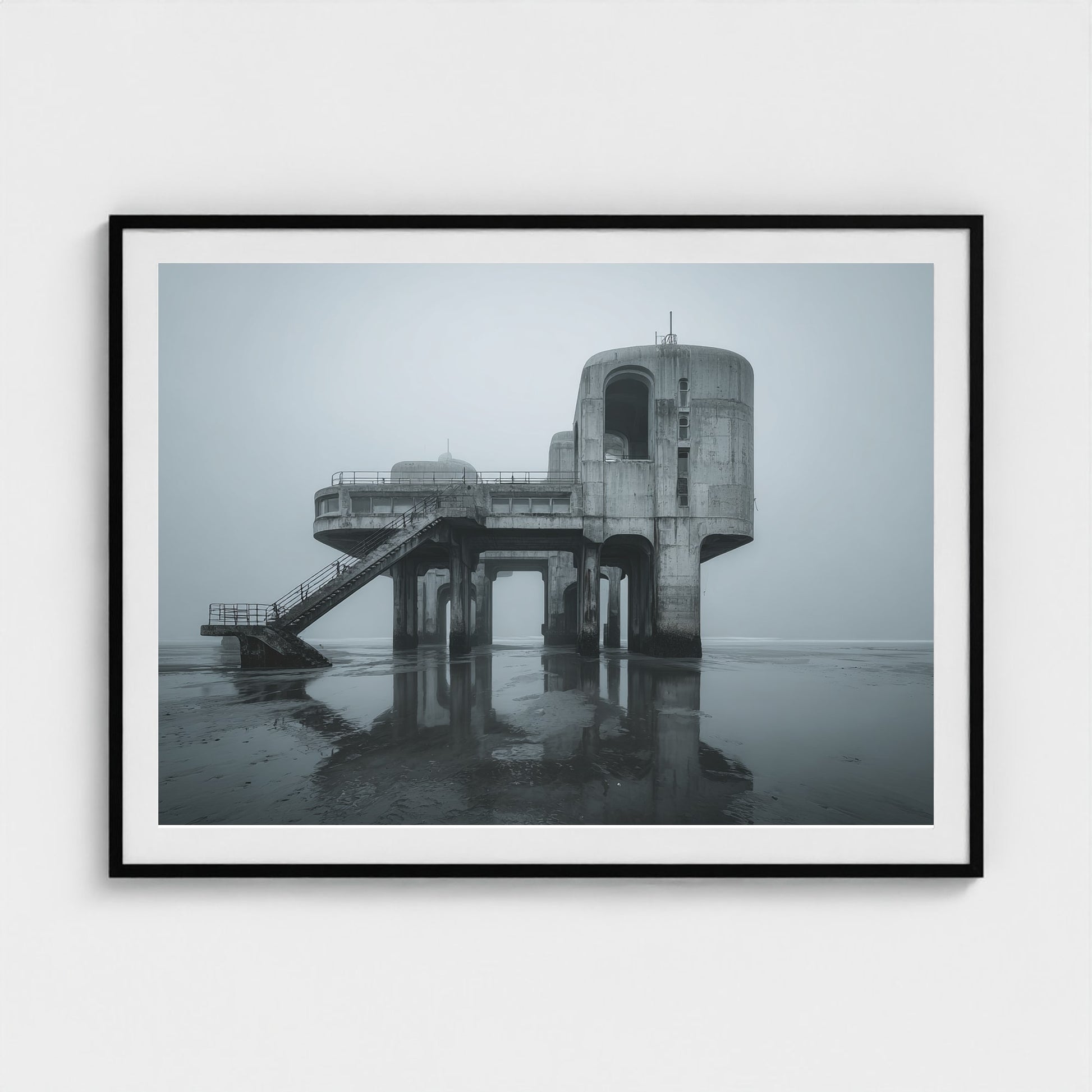 brutalist-seaside-pier-at-dawn-glassy-tide-mirro 48x36-black frame frame