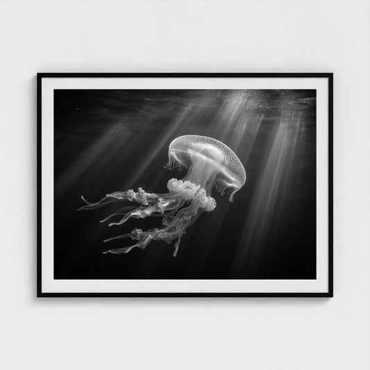 ethereal-bioluminescent-jellyfish-floating-in-de 48x36-black frame frame