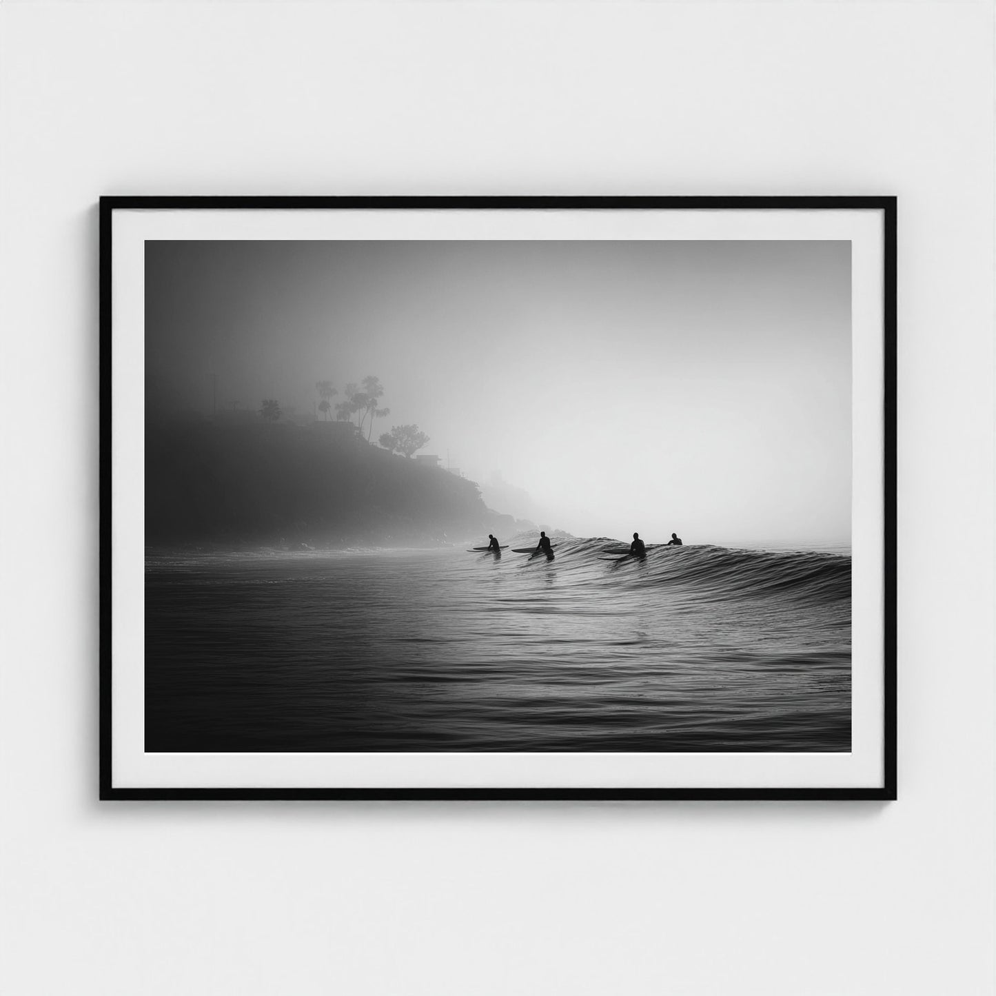 quiet-early-morning-surf-lineup-fog-rolling-acro 48x36-black frame frame