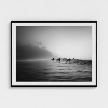 quiet-early-morning-surf-lineup-fog-rolling-acro 48x36-black frame frame