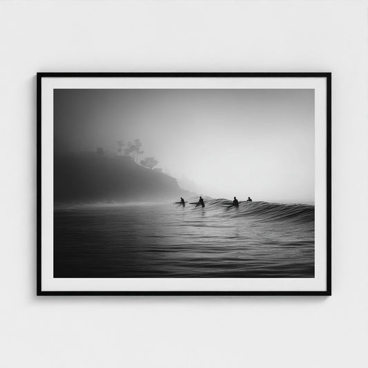 quiet-early-morning-surf-lineup-fog-rolling-acro 48x36-black frame frame