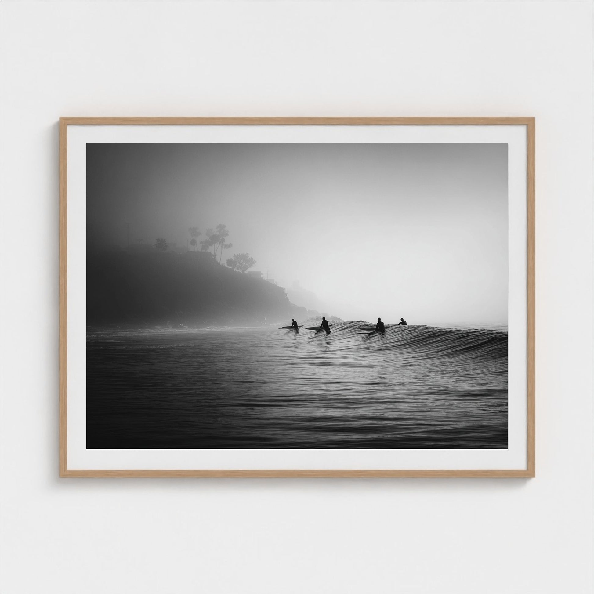 quiet-early-morning-surf-lineup-fog-rolling-acro 48x36-natural frame frame