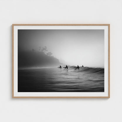 quiet-early-morning-surf-lineup-fog-rolling-acro 48x36-natural frame frame