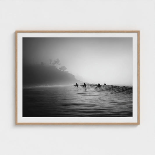 quiet-early-morning-surf-lineup-fog-rolling-acro 48x36-natural frame frame