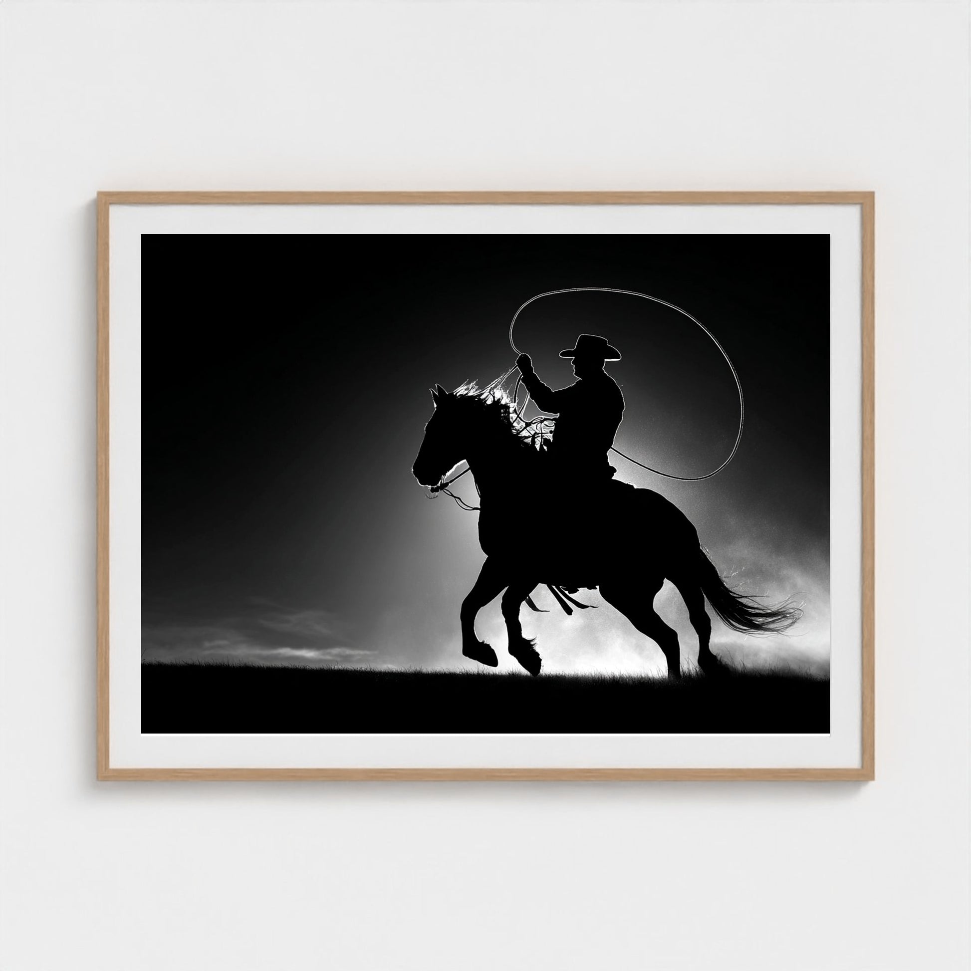 black-and-white-minimalist-realistic-cowboy-lass 48x36-natural frame frame