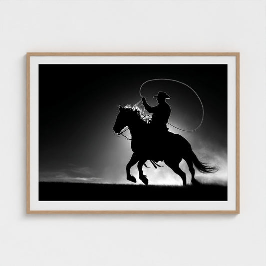 black-and-white-minimalist-realistic-cowboy-lass 48x36-natural frame frame