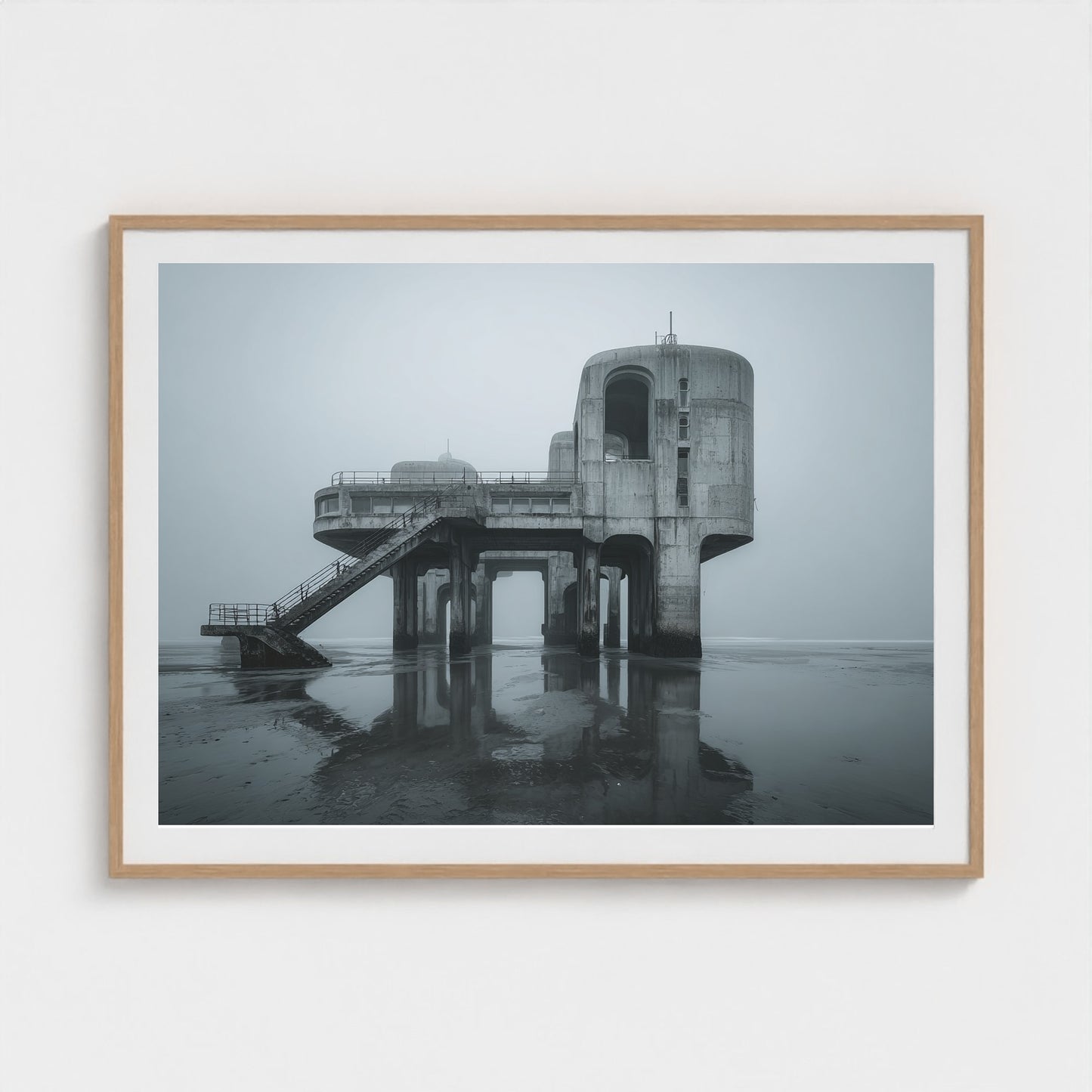 brutalist-seaside-pier-at-dawn-glassy-tide-mirro 48x36-natural frame frame