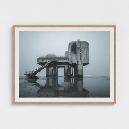 brutalist-seaside-pier-at-dawn-glassy-tide-mirro 48x36-natural frame frame